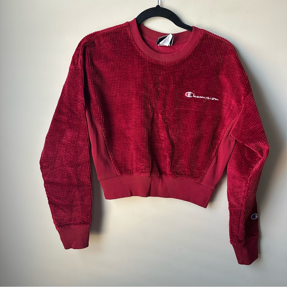 Champion Women's Corduroy Cropped Cherry Pie Crew Pullover Sweatshirt Athleisure